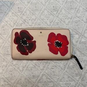 Kate Spade Beige Wallet with Red Floral Design Damaged